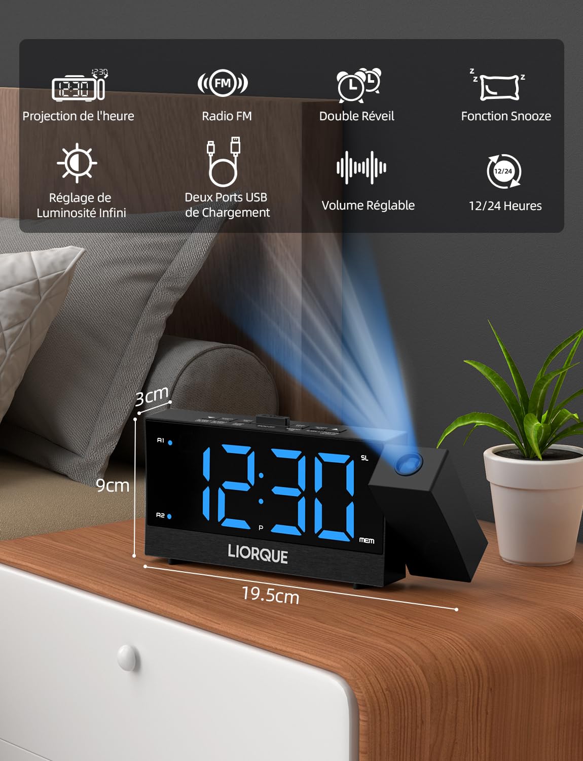 LIORQUE Radio Reveil Projection Plafond, Reveil Projecteur Plafond avec Double Alarme, Radio Réveil avec Grand Écran, Snooze, Réglage de Luminosité Infini, 2 Ports de Chargement USB, G0181R-P