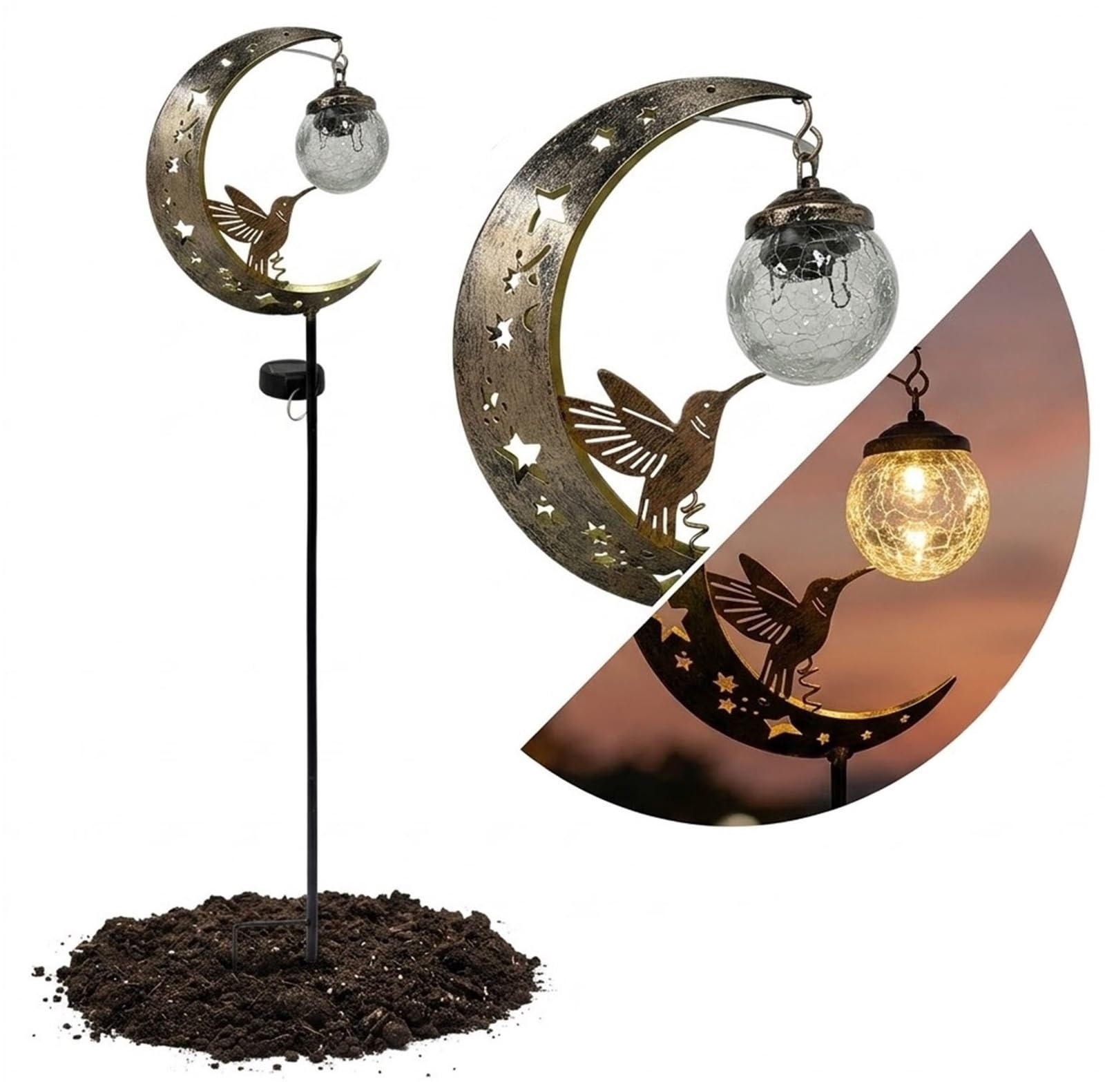 THUCHENYUC Hummingbird Moon Solar Garden Stake Light, Waterproof Half Moon LED Pathway Decor,Crackle Hanging Glass Globe Ball,Metal Crescent Yard Art for Outside Patio Lawn