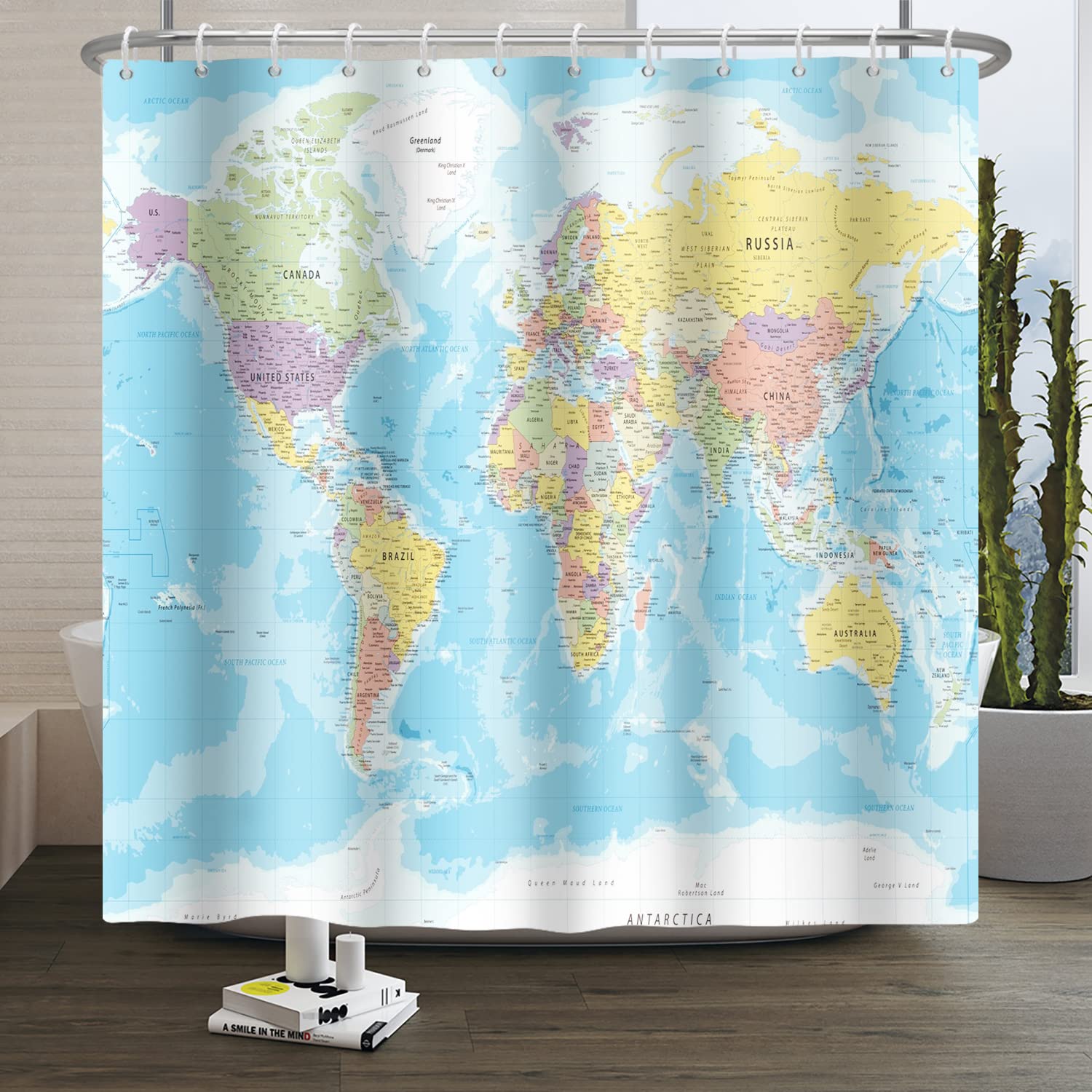 180x198cm Mondo Carta geografica Tenda da doccia Paesi e Città Geografia Educativo Tenda da bagno per bambini Blu Oceano Continenti Tenda da doccia Tessuto Impermeabile per Bagno con ganci