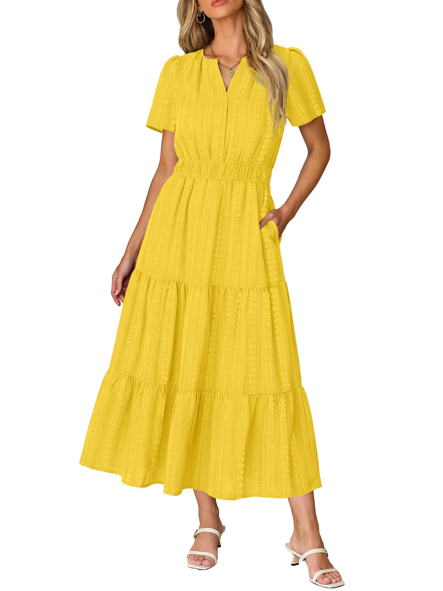 RUMIA Women Casual Midi Maxi Dresses Short Sleeve V Neck Elastic Waist Vacation Dress Pockets（S-2XL — view 14