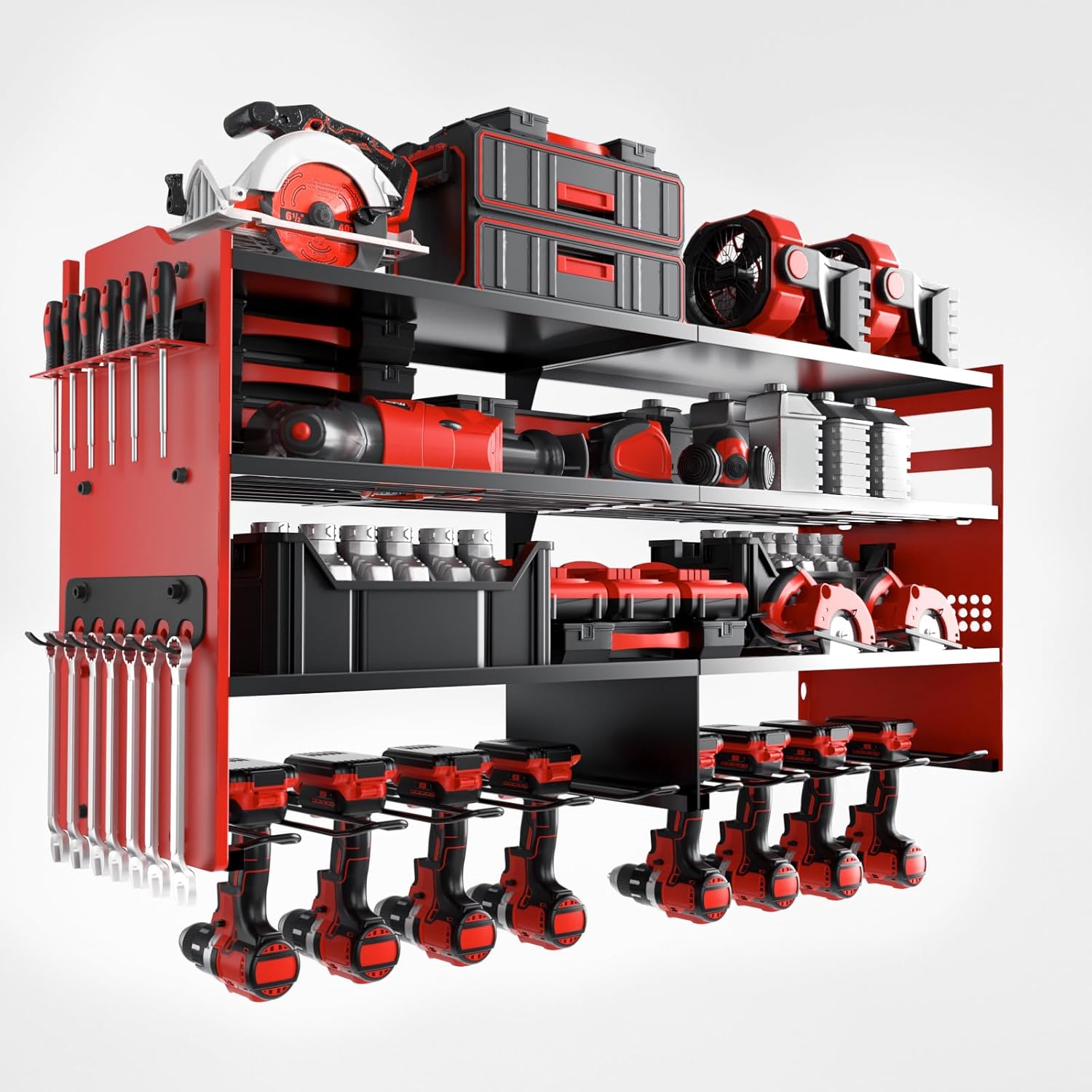 oviitech Power Tool Organizer Wall Mount, 8 Drill Holder Wall Mount Loads 400lbs, 4 Layer Heavy Duty Metal Power Tool Storage, Red, Utility Rack for Garage Workshop, Gifts for Men