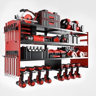 oviitech Power Tool Organizer Wall Mount, 8 Drill Holder Wall Mount Loads 400lbs, 4 Layer Heavy Duty Metal Power Tool Storage, Red, Utility Rack for Garage Workshop, Gifts for Men