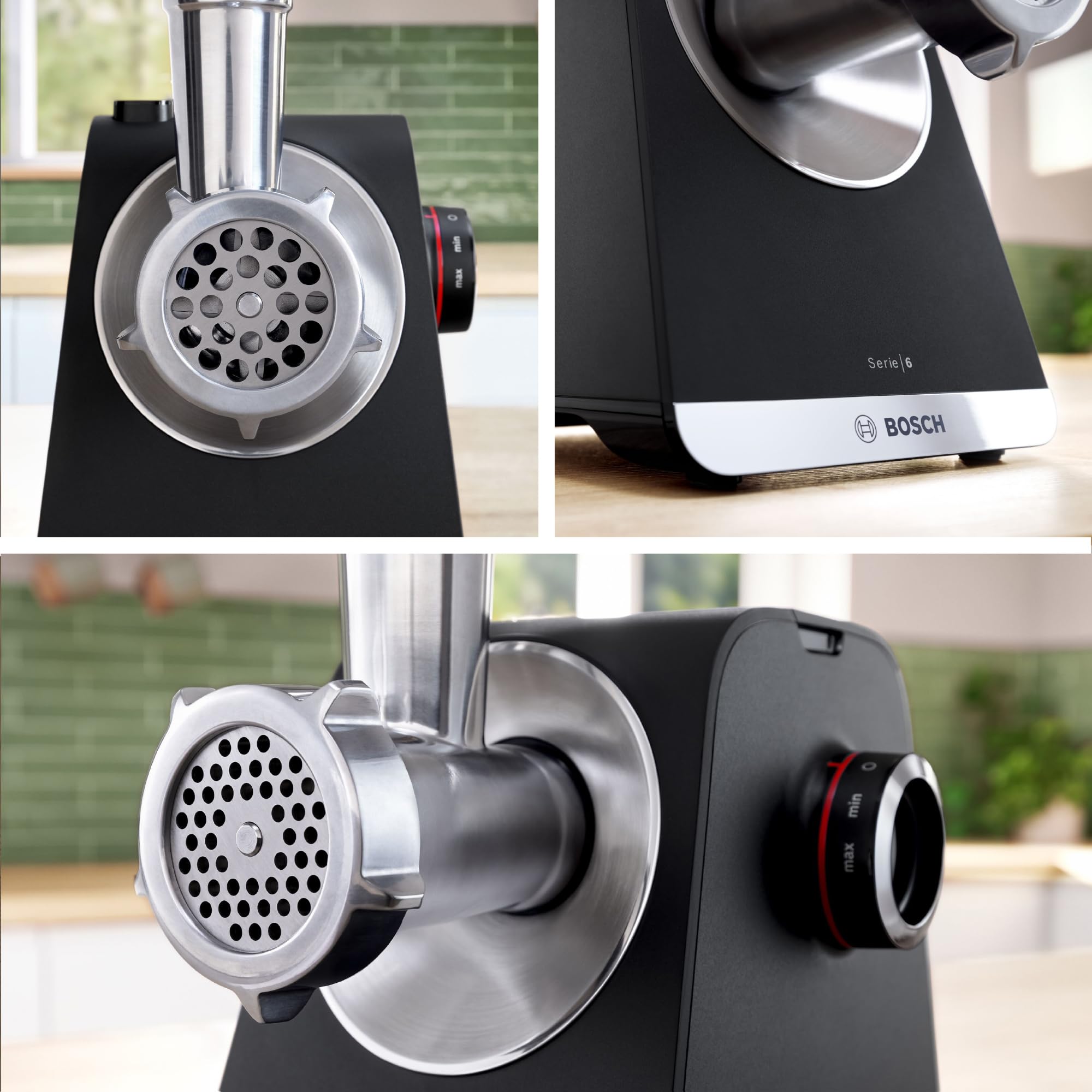 Bosch Fleischwolf Serie 6, 3 Lochscheiben (3, 4,5/8 mm) Edelstahl, spülmaschinenfest, Entsafter, Wurst-/ Kebbe-Aufsatz, elektrisch, stark, kompakt, 2.100 W, schwarz, MultiPower MFWS650B