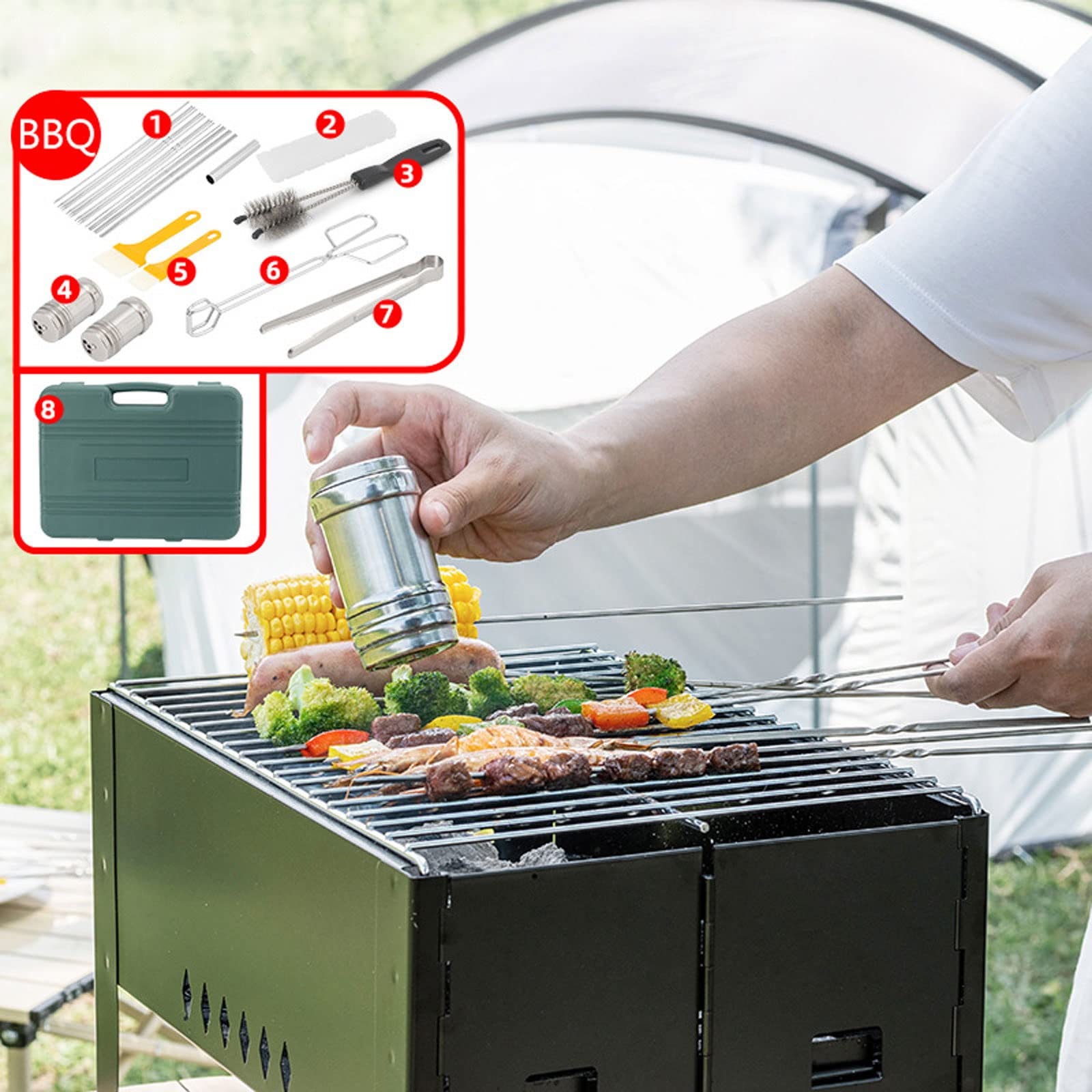 Zestaw narzędzi do grillowania ze składanym grillem i walizką do przechowywania, akcesoria do grilla, przenośny zestaw przyborów do grillowania - Campingowy zestaw przyborów kuchennych do gotowania i