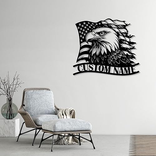 Miniatura 7 de Letrero de metal personalizado de águila y bandera estadounidense, arte de pared patriótico con nombre personalizado, decoración de hierro para el