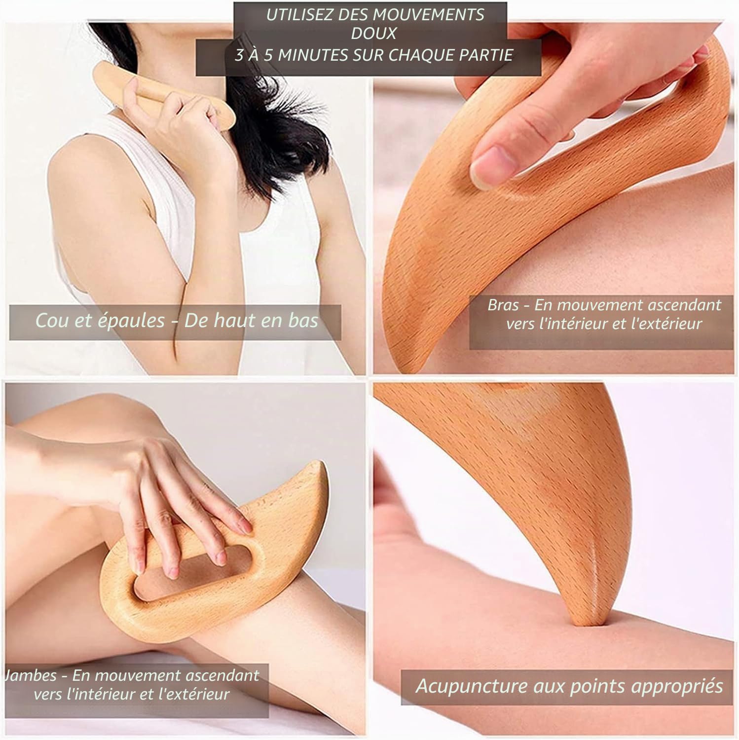 Lot de 9 outils de massage en bois thérapeutique pour le modelage du corps, kit Maderoterapia pour drainage lymphatique anti-cellulite, ensemble de coupelles et rouleaux de massage courbés en bois