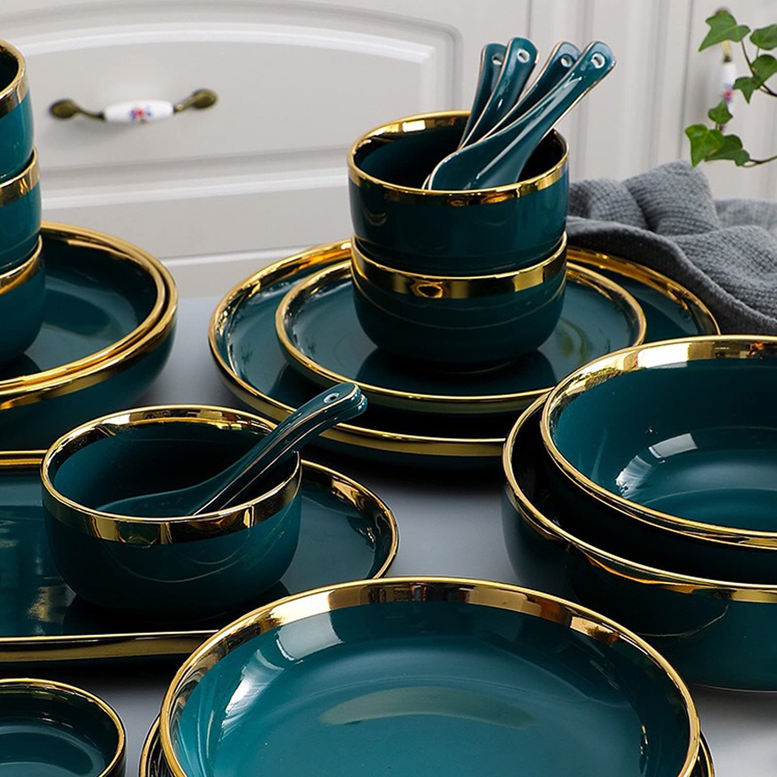 26 szt. ceramicznych nowoczesnych talerzy obiadowych, styl nordycki ciemnozielony Phnom Penh kamionkowy zestaw zastawy stołowej, serwis dla 6 osób