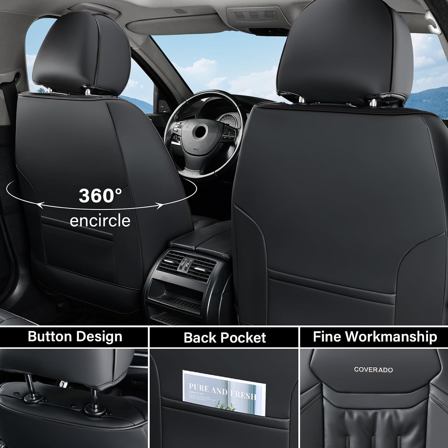 Coverado Car Seat Covers Full Set, Seat Covers for Cars 5 Seats, Waterproof Nappa Leather Car Seat Protector Universal Fit for Most Sedans SUV Pick-ups Trucks, Black