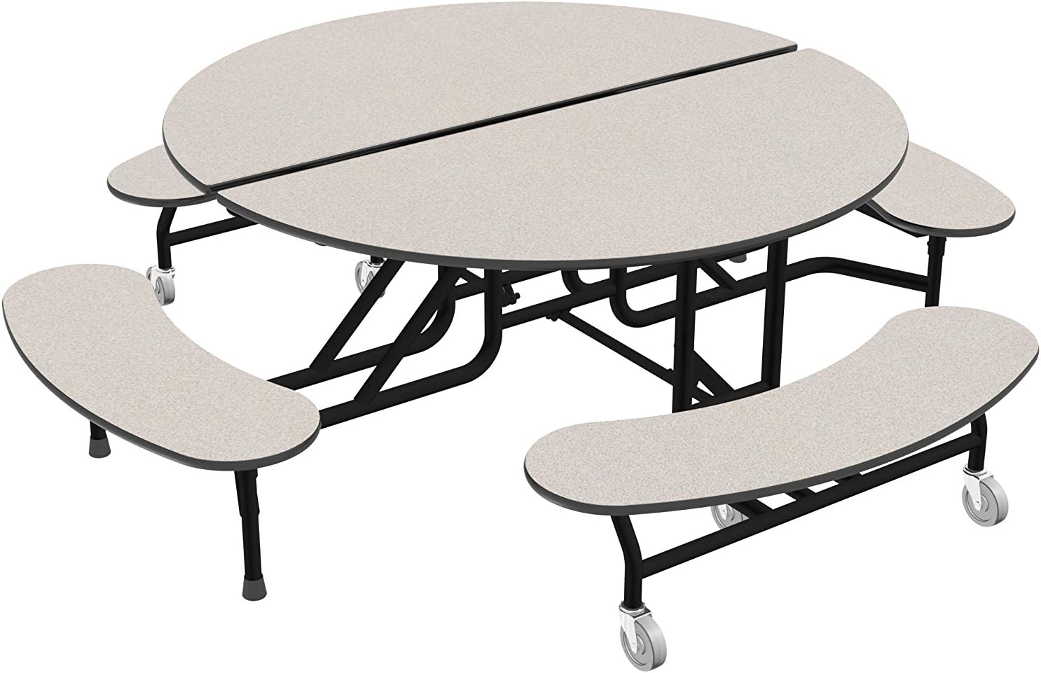 Palmer Hamilton 59T Easy Folding 60" Round Mobile School Table, 29"H, 4 Benches, White/Black, Cafeteria, Breakroom Table