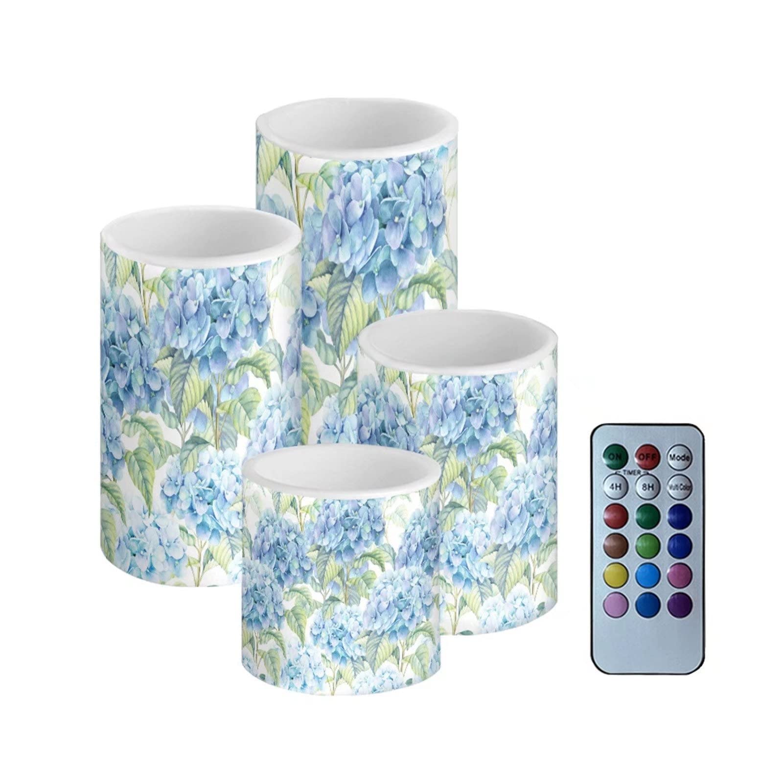 Showudesigns Blue Hydrangea Flameless Candles,Flickering Battery Operated LED Pillar Candles,4 Pack Realistic Fake Candle for Home Party Wedding Restaurant Decorations