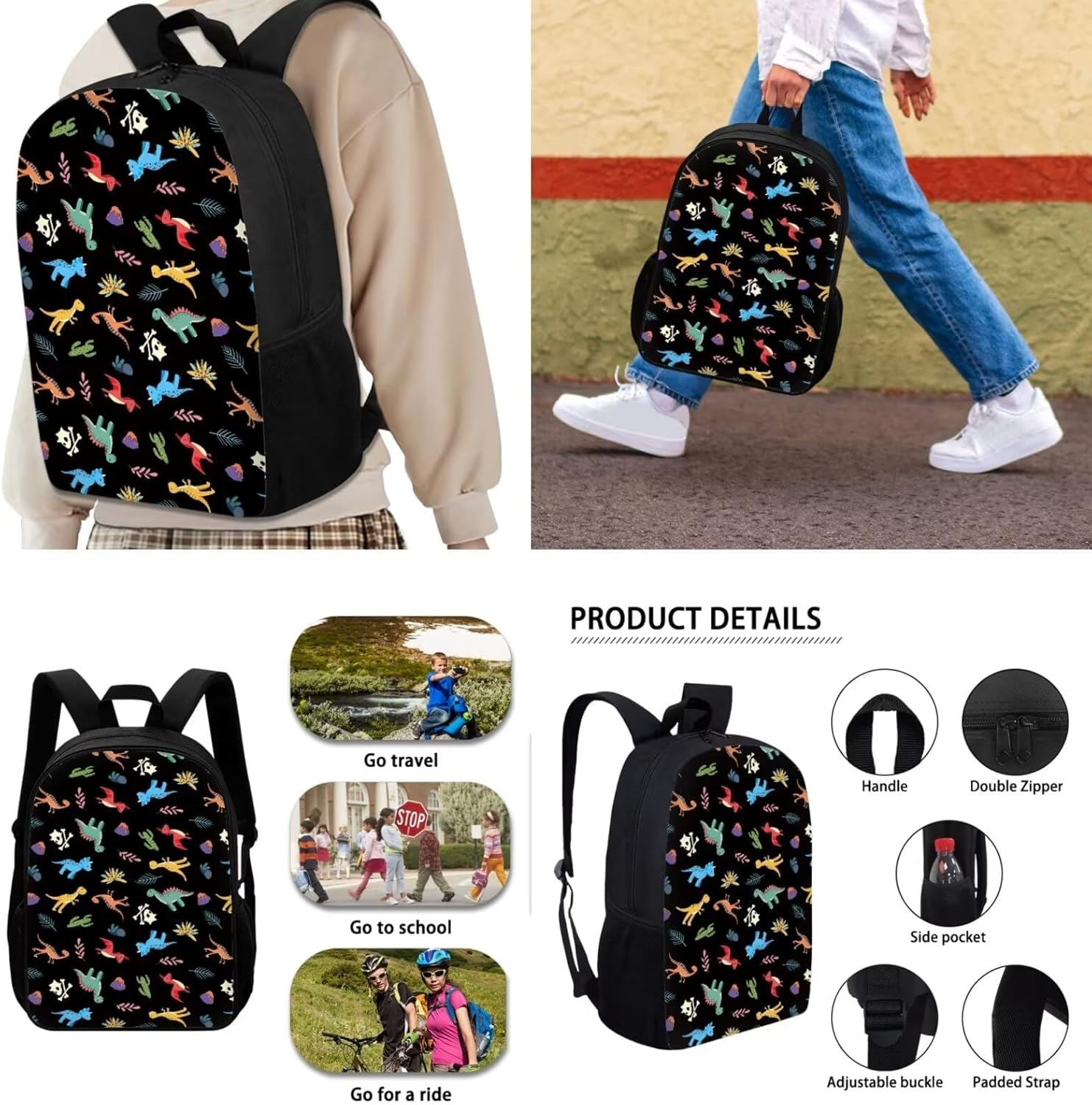 Belidome Cartoon Dinosaur Backpack for Kids Boys Girls with Lunch Box Pencil Case Teens 17 Inch Bookbag Shoulder Pouch