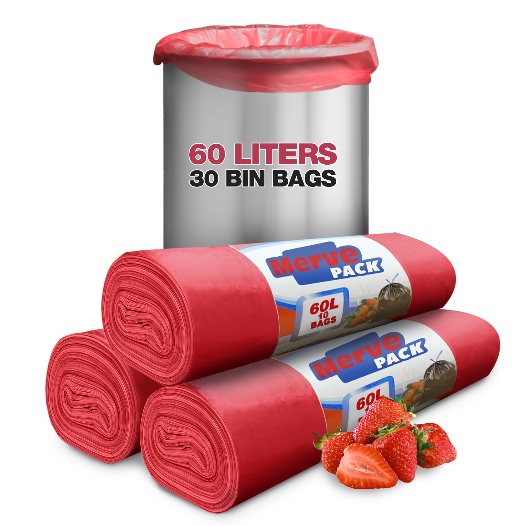 60 Litre Bin Liners Strawberry Scented Bin Bags Set 3 Rolls Counts 30 Bags, Trash Bags for Kitchen, Office, Strong Waste Bags, Swing Bin Liners Kitchen Bin