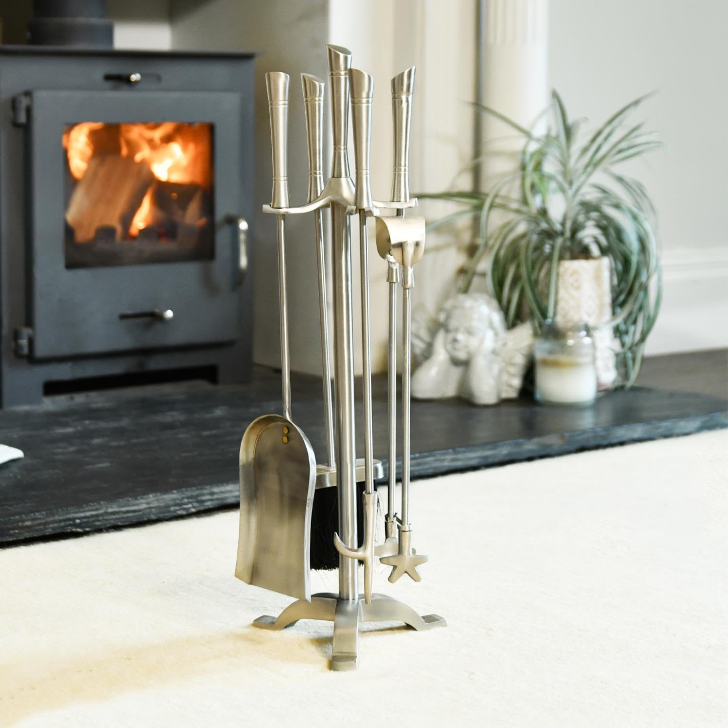 Contemporary Pewter Finish 61cm Fireplace Accessories Companion Set - Fireside Tools with Poker, Tongs, Brush and Pan - Elegant and Functional Fireside Companion Set for Fire Log Burner