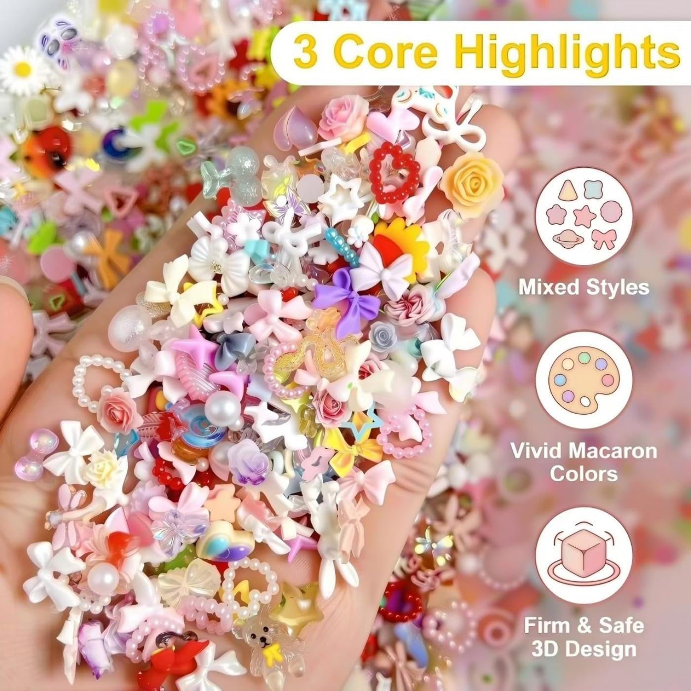 200PCS 3D Resin Nail Charms Set Mixed Shapes Kawaii Flatback Gems Bows Roses Stars Hearts Bears Pearls for DIY Nail Art Jewelry Design