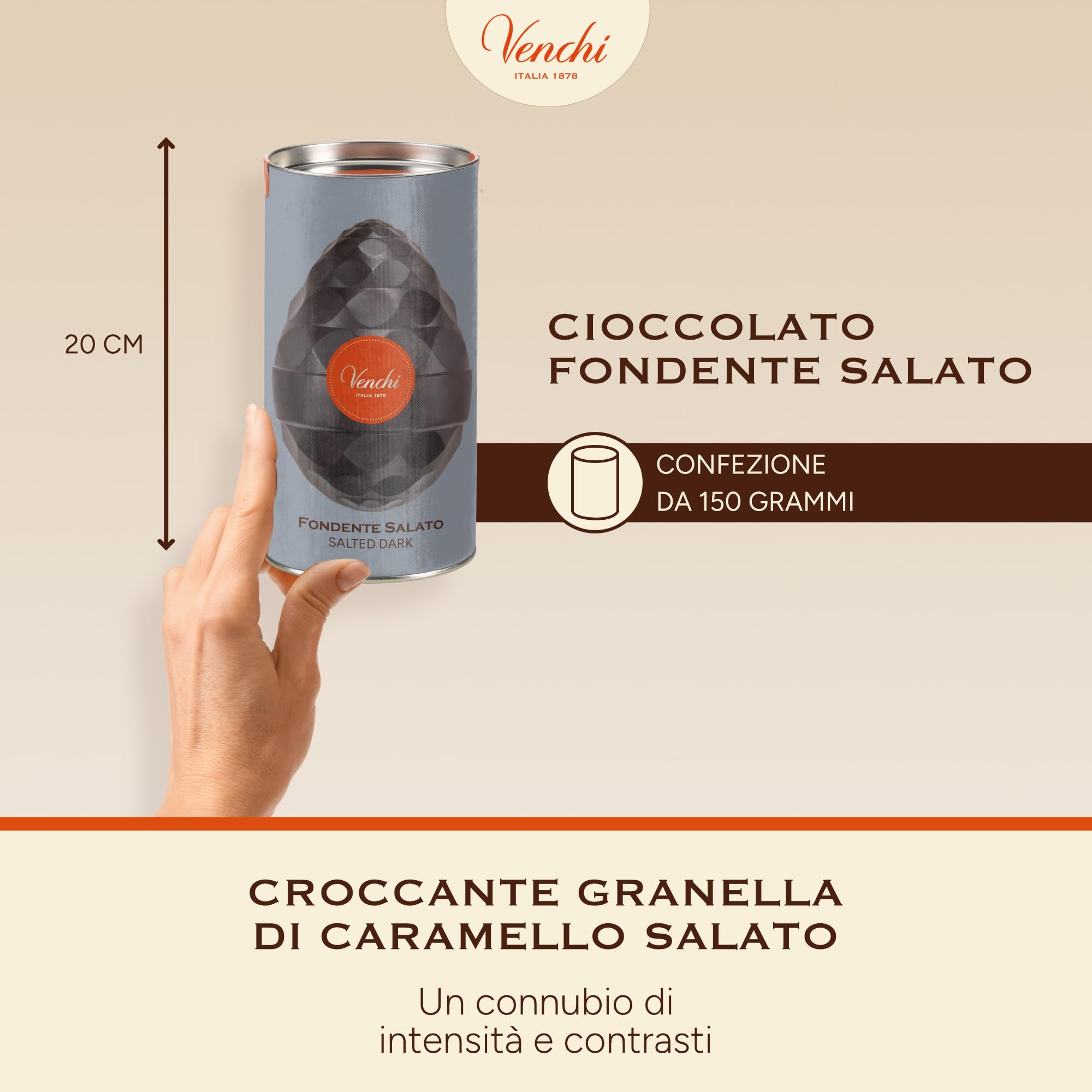 Venchi - Uovo di Cioccolato Fondente Salato, 150 Gr, Gusto Cioccolato Fondente con Granella di Caramello Salato, Senza Glutine, con Sorpresa, Collezione Pasqua Venchi, Idea Regalo