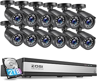 ZOSI 1080P 16CH Security Camera System with Human Vehicle Detection, H.265+ 5MP DVR Recorder with 2TB Hard Drive,12x 1920TVL 2MP CCTV Bullet Camera Outdoor Indoor Surveillance Set, 80ft Night Vision