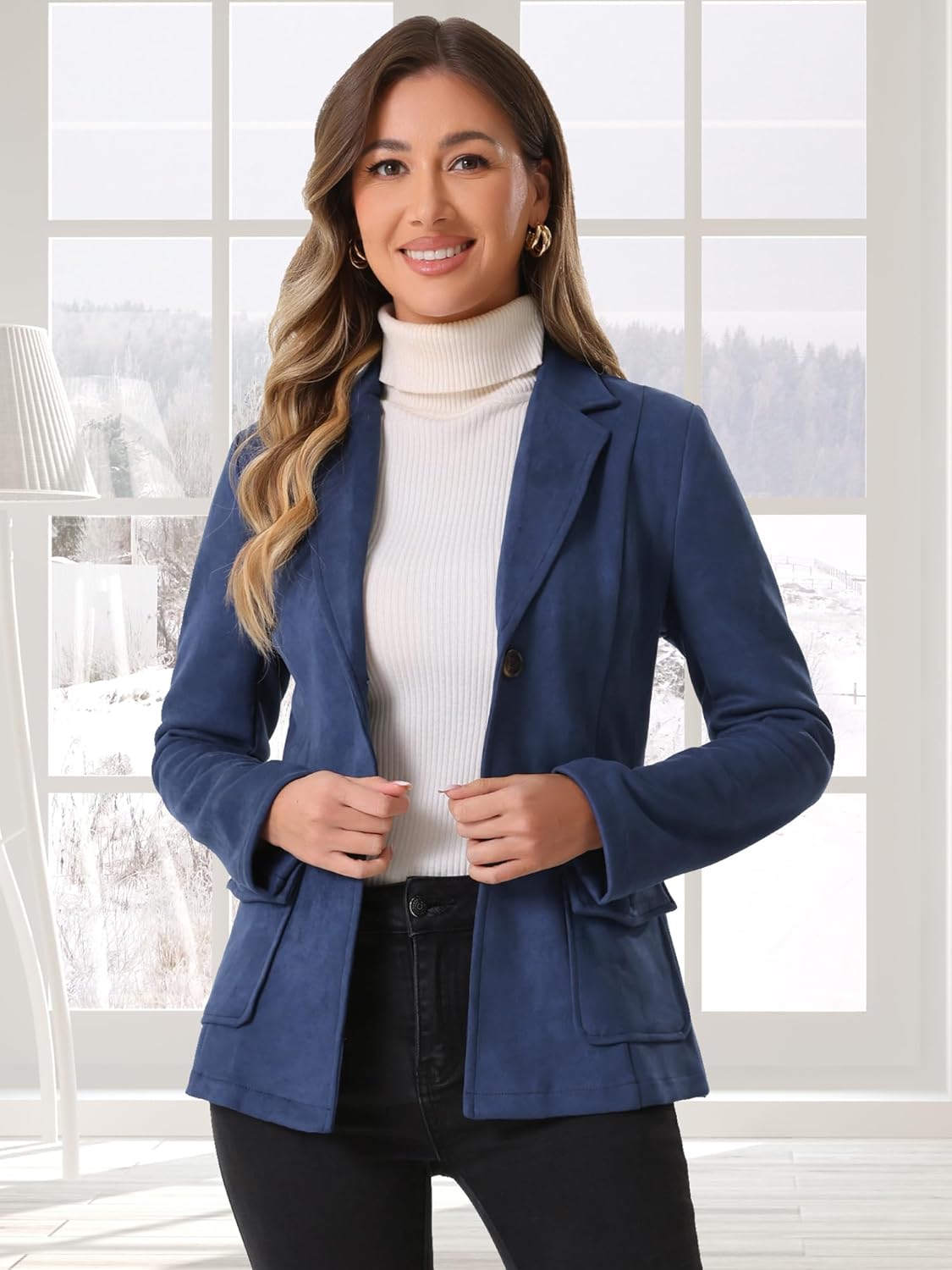 Allegra K Women's Faux Suede Blazer Belted Lapel Outwear Single Breasted Work Jacket