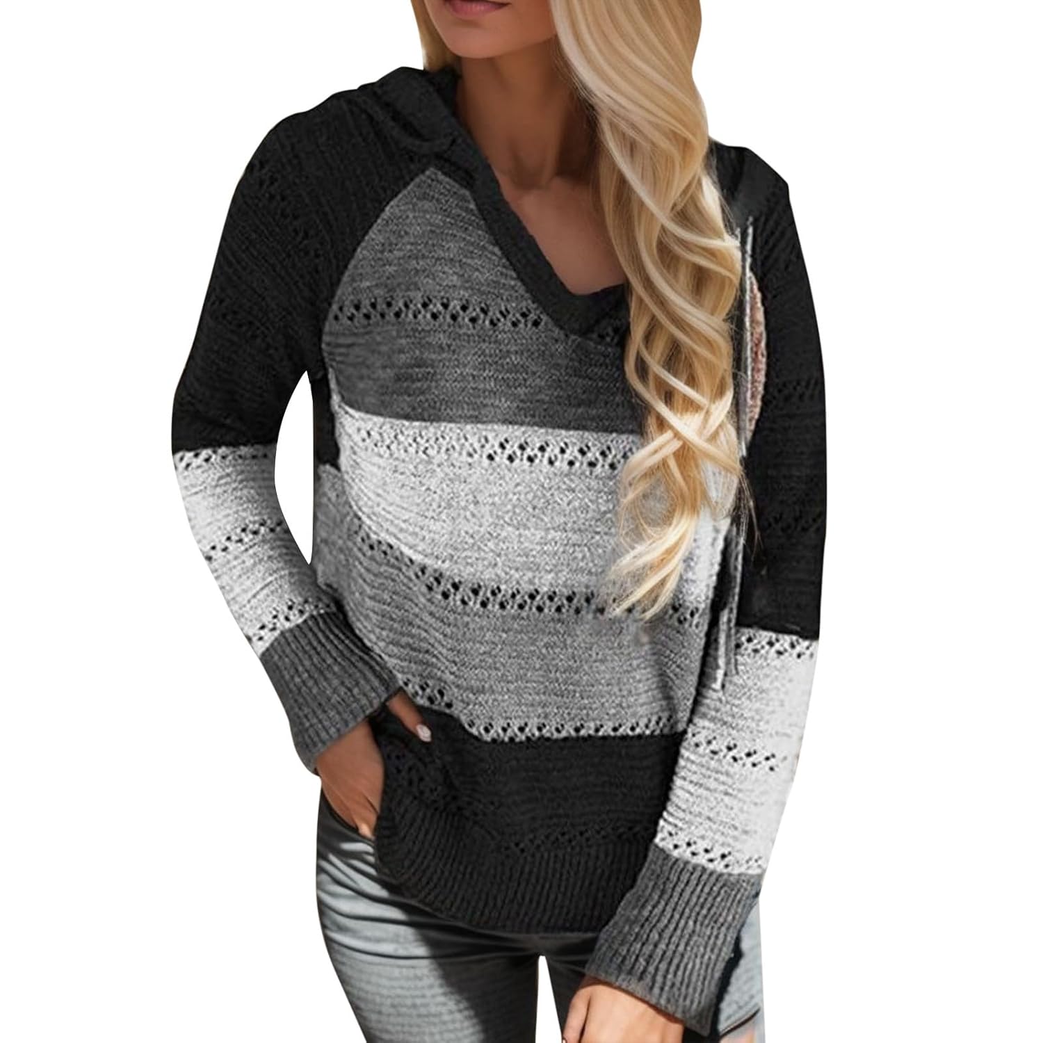 Color Block Hoodie Women V Neck Hooded Sweater Fall Crochet Striped Sweaters Hollow Out Knit Y2K Long Sleeve