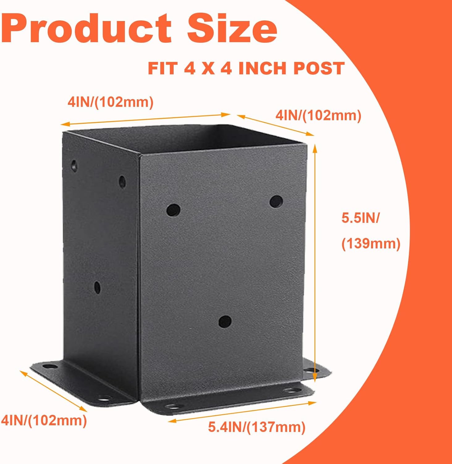 4 Pcs Heavy Duty Powder-Coated Post Anchor Black Wood Fence Post Brackets for Deck Railing Support Deck Base Plate 4x4 Post Base , Inner Size 3.6"x3.6" Post Base Brackets kit