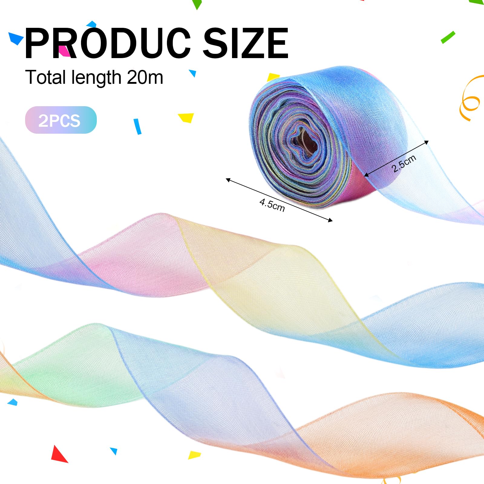 Cobee Nastro Di Raso Arcobaleno In Chiffon 45m Per Confezioni Regalo E Decorazioni Fai Da Te | Larghezza 2,5 Cm - 4