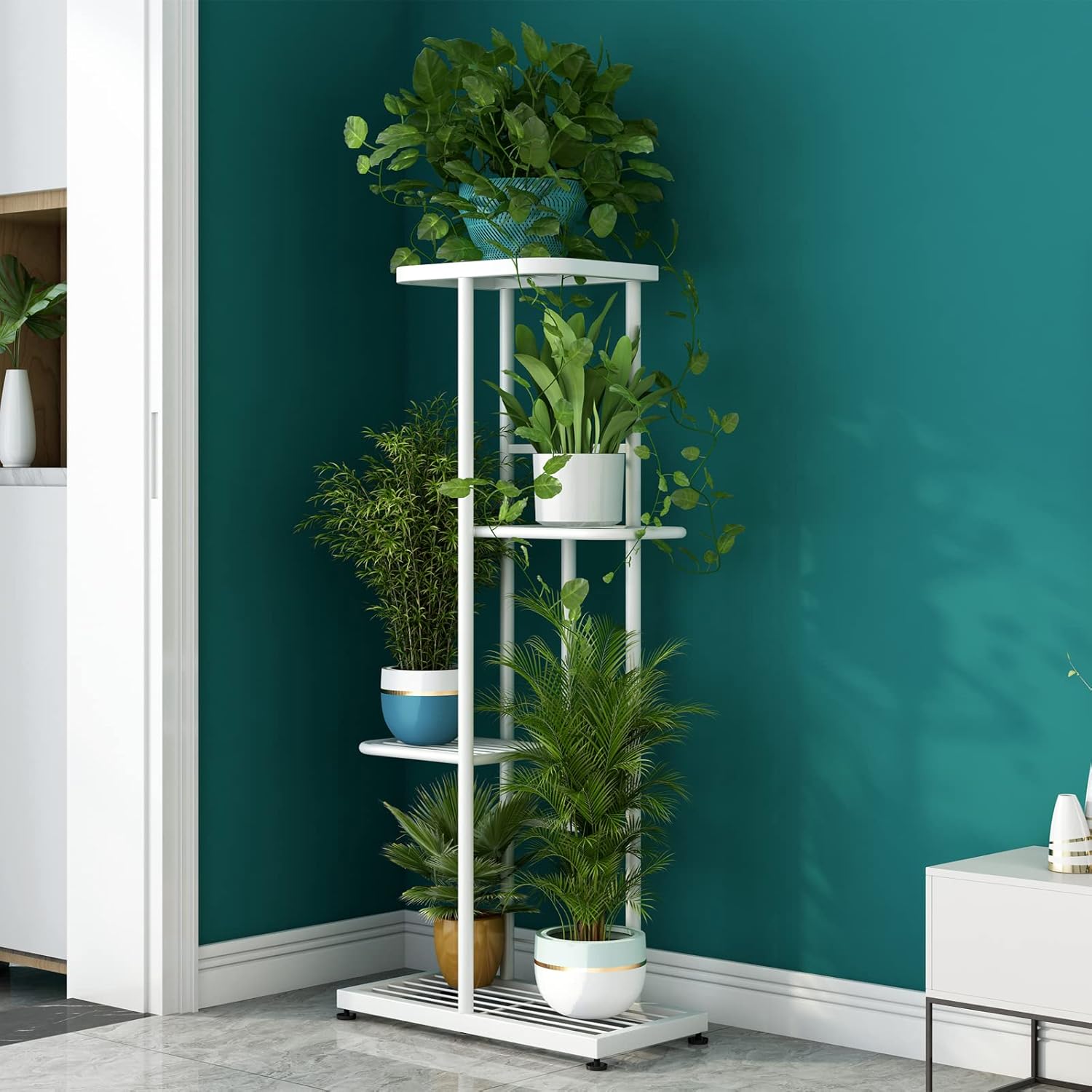 LINZINAR Plant Stand Indoor Outdoor Metal 4 Tier 5 Potted Multiple Flower Pot Holder Shelf Planter Display Shelving Unit for Patio Garden Corner Balcony Living Room (4 Tier 5 Potted, White) 4 Tier-5 Potted White