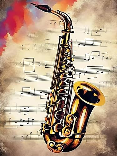 YEEIFFD Pintura artística de diamante, nota musical vintage, kit de saxofón musical retro para adultos, pintura de diamantes por números, arte de