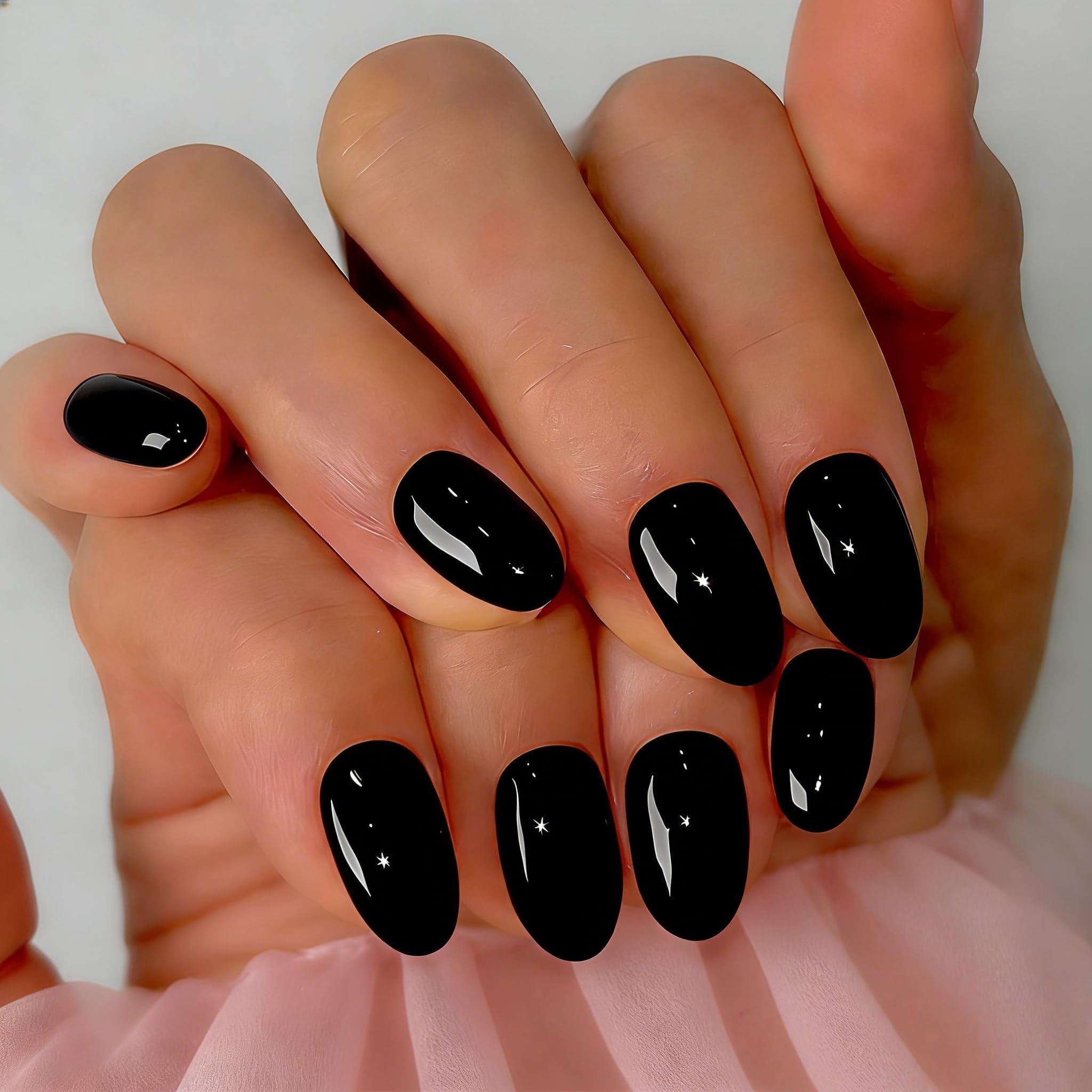 Soft Gel Press On Nails Short, 32 Pcs 16 Sizes Sheer Black Short False Nails Press ons Oval, Reusable Artificial Nails, Natural Almond Stick On Nail for Women Everyday Elegance