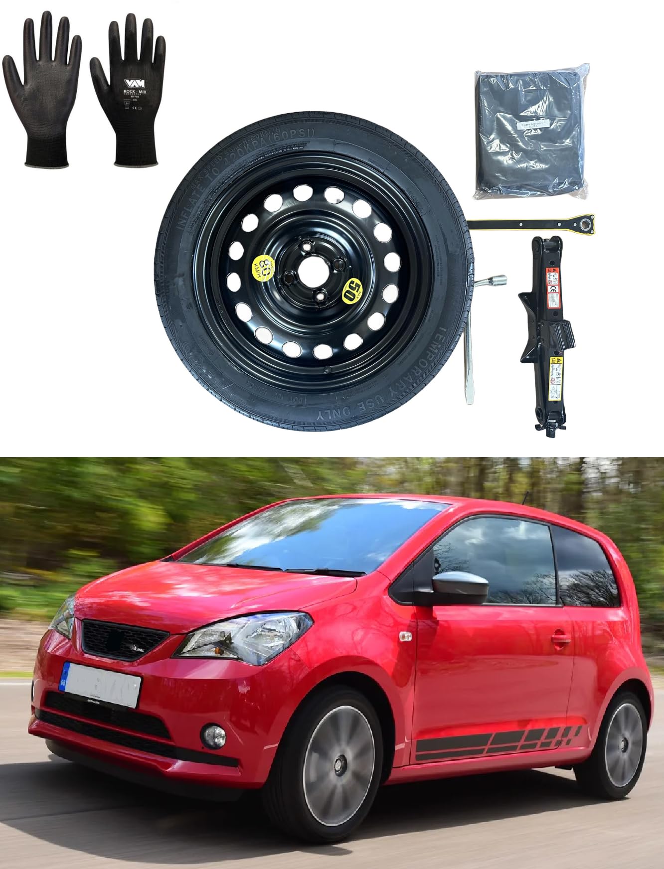 Kit de Rueda de Repuesto 15" compatible con Seat MII 2012> con Gata, Llave, Guantes y Funda125/80R15