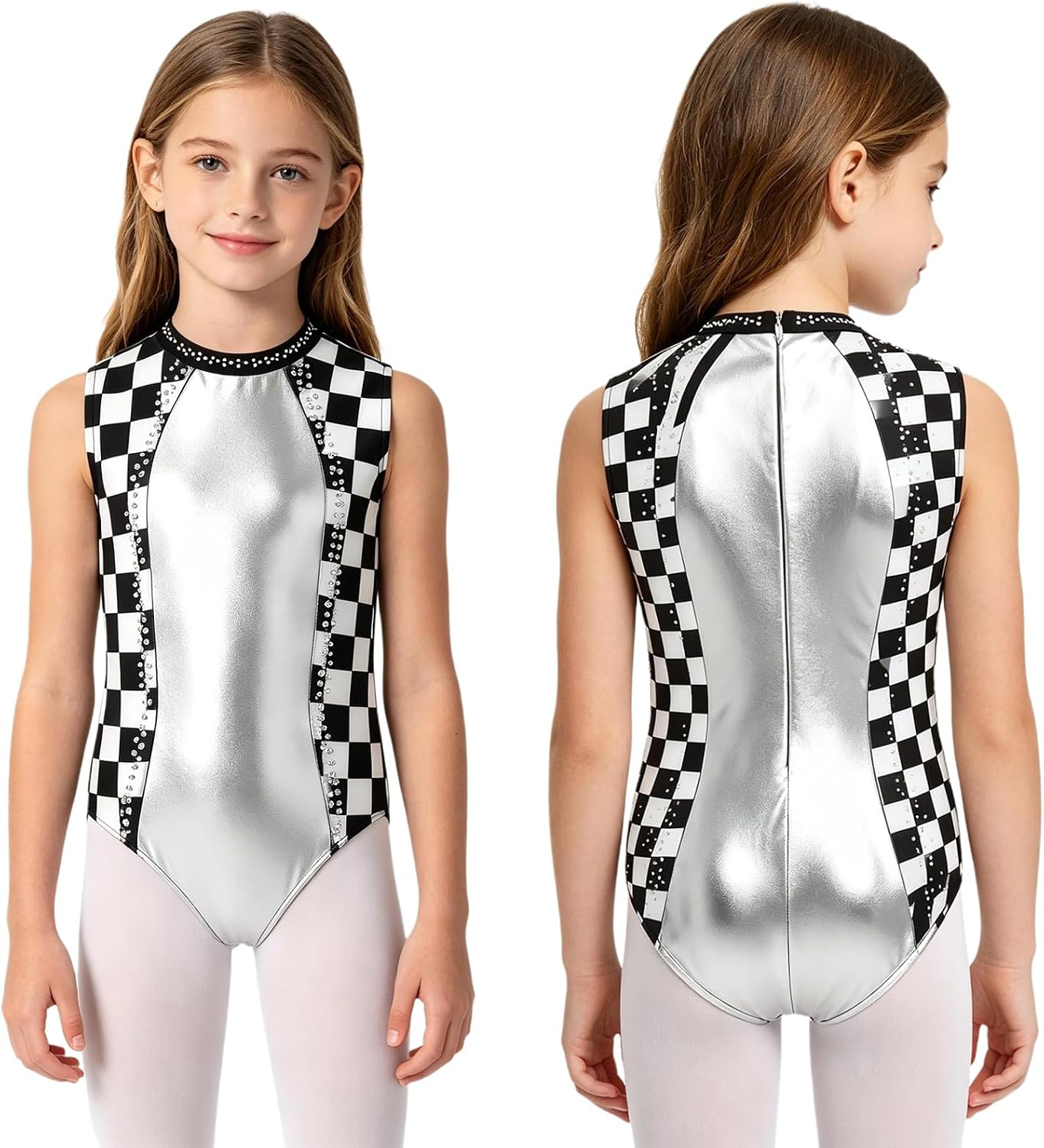 Kids Girls Printed Sleeveless Workout Bodysuit Shiny Metallic Practice Outfit Ballet Unitard for Dancing