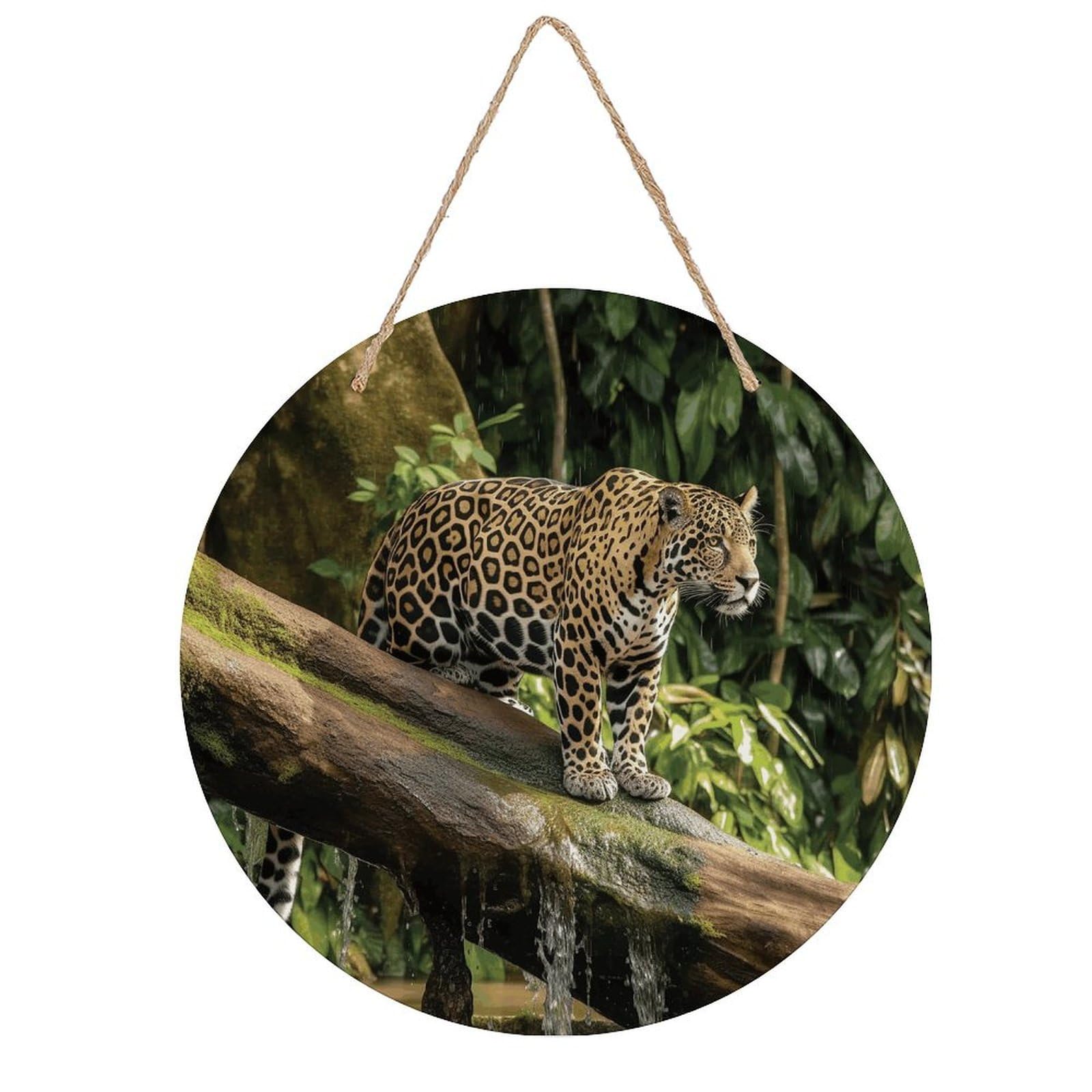 VstaDank Jaguar Cat on Tree Trunk Waterfall Wall Art Decor with Ropes Wooden Hanging Sign Hanging Wall Decor Artwork Round Wood Painting Modern Wall Prints Decor Picture for Office Bar Home Decors