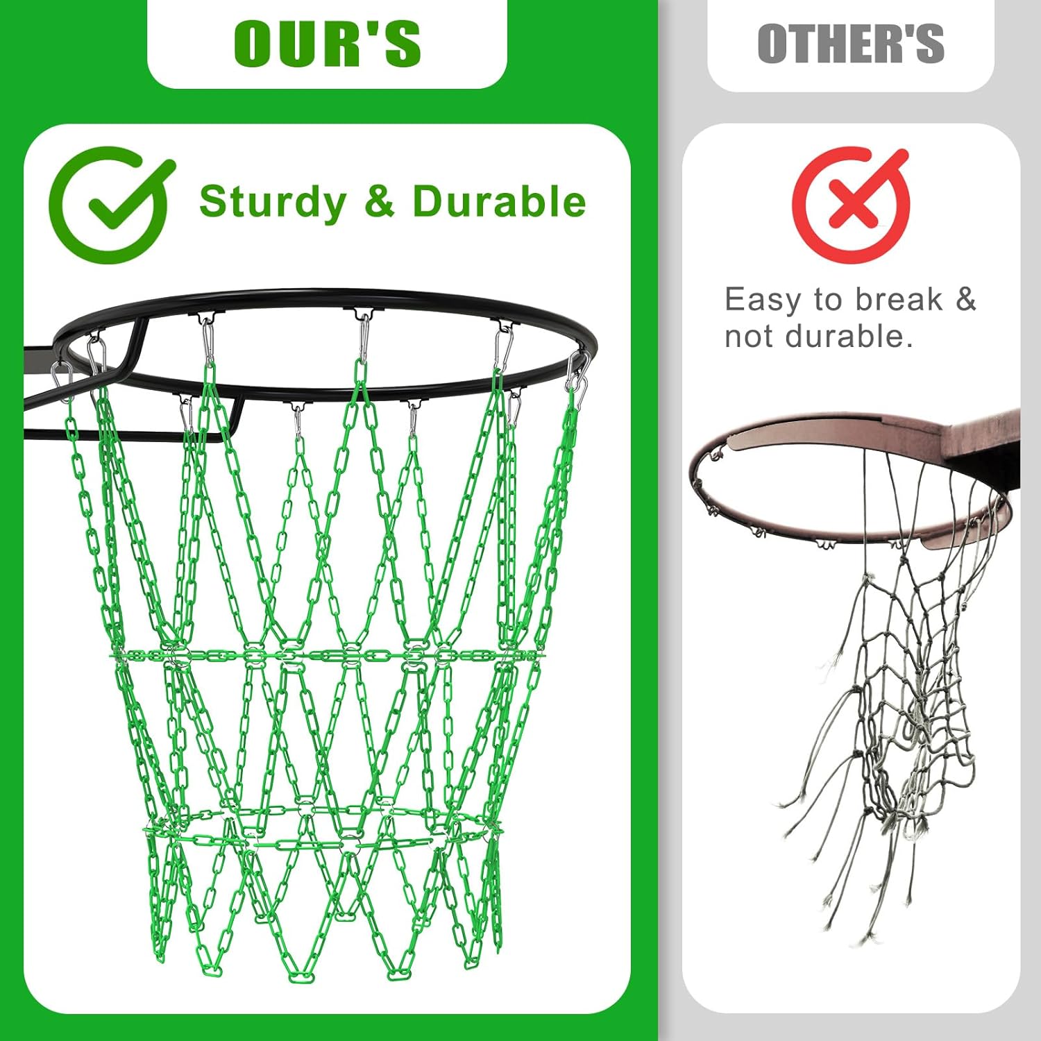 KingDolly Heavy Duty Chain Basketball Net, Rust-Proof Carbon Steel Metal Basketball Net Replacement with 12 Hooks for Tool-Free Quick Installation, Universal Fit for Outdoor/Indoor Basketball Hoops
