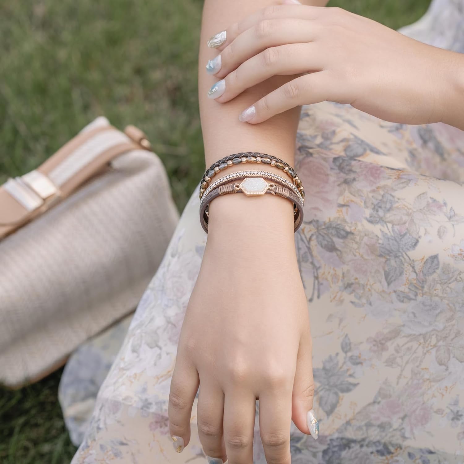 FANCY SHINY Crystal Beaded Leather Wrap Bracelet Stackable Boho Jewelry for Women Resin Stone Bangle Cuff with Magnetic Clasp - Image 2