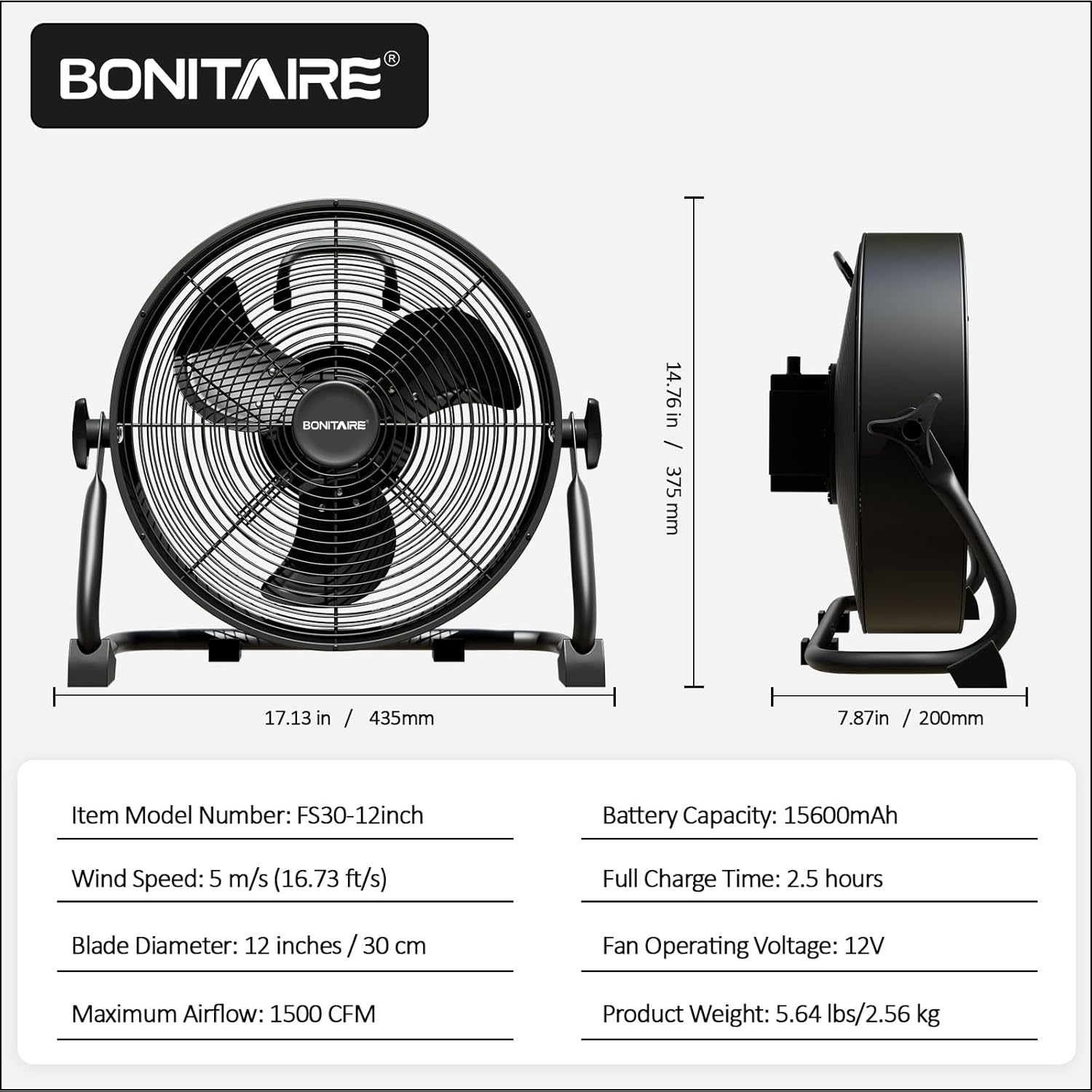 12'' Rechargeable Floor Fan, 15600mAh Battery Operated Fan with Fast 2H Charging, High Velocity Cordless Metal Fan with Child-Safe Grill, Portable Fan for Camping, Jobsite, Garage, Workshop