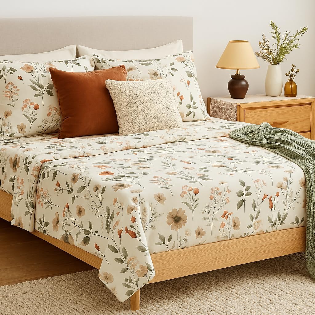 DaDalogy Bedding Enchanted Meadow Bed Sheet Set - Floral Harmony in Beige, Rose, and Soft Green, Premium Soft Microfiber, Machine Washable, Deep Pocket 14-15 Inches + Flat Sheet (King)