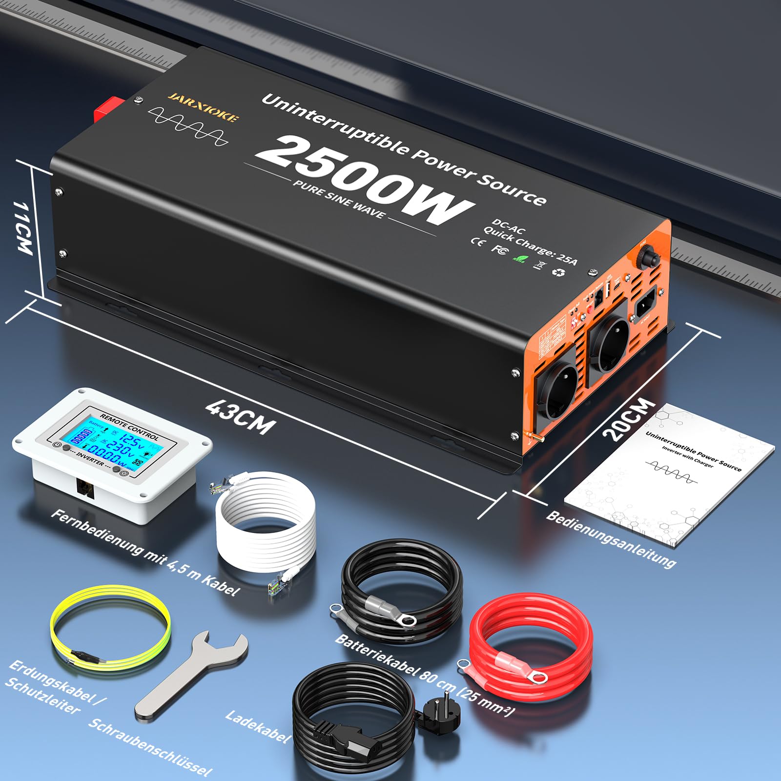 Falownik 2500 W, 12 V na 230 V, czysty sinus z przełącznikiem priorytetowym i funkcją ładowania 25 A i USV, przetwornica napięcia z pilotem LCD, USB-A, USB-C 30 W, do samochodów ciężarowych