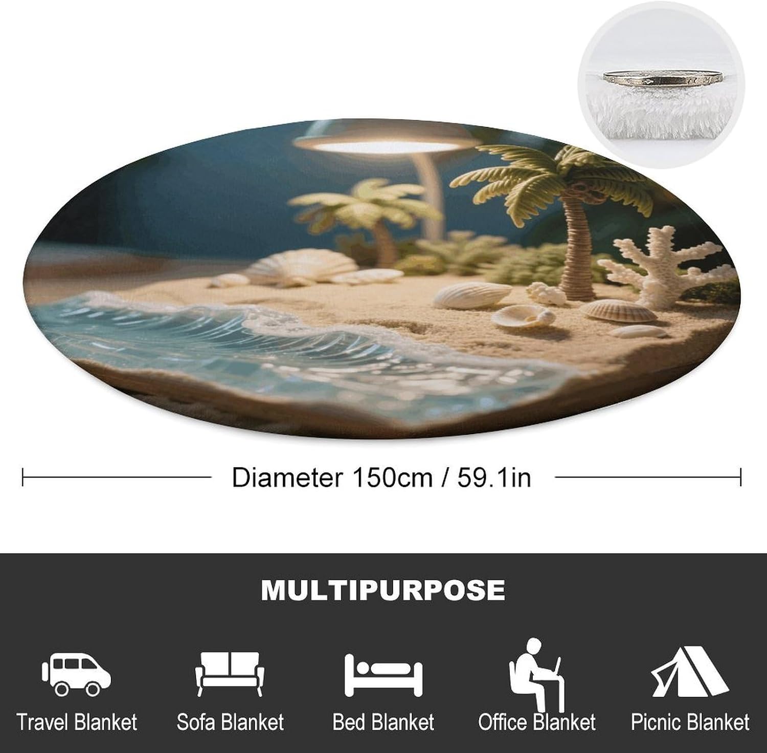 Hawaii Beach Throw Blanket Round Beach Towel | 59.1 Inch Circular Flannel blanket Large Soft Beach Blanket Lightweight Foldable Beach Towel Throw for Daily Leisure Use