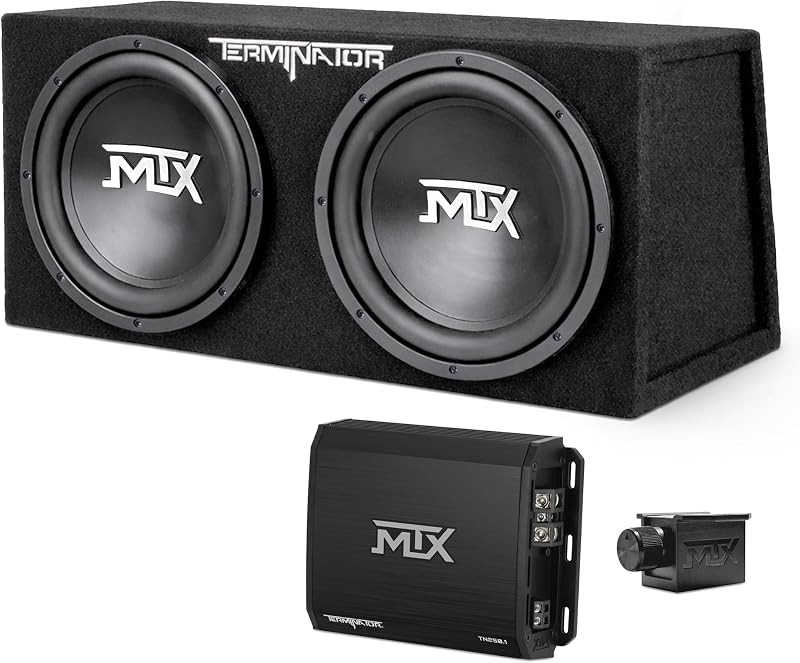 MTX Audio de subwoofer para automóvil de carga dual de 12 "y 1200 W con caja secundaria y amplificador, TNP212D2