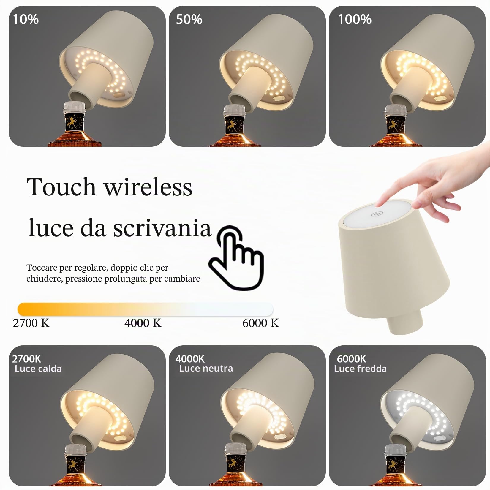 Aipsun Confezione da 2 lampade da tavolo a LED a batteria, dimmerabili, colore beige, 2700 K-6000 K, 3 W, IP54, lampada a bottiglia, in alluminio, per giardino, bar e ristorante