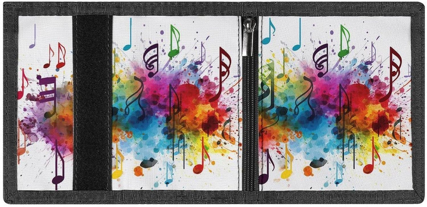 Trifold Canvas Wallet with Keychain, Modern Fashion Credit Card Holder Wallet for Men Women, Colorful Music Slim Wallets W/Zipper Coin Pocket, Novelty Birthday Gift