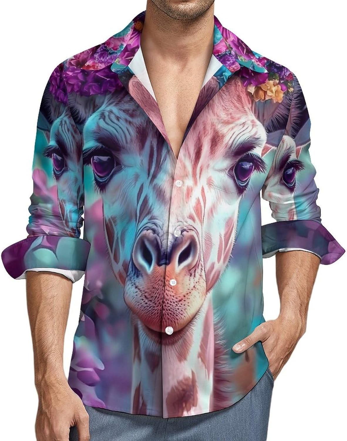 Giraffe Long Sleeve Shirts Casual Dress Shirt Button-down T-shirts for Men