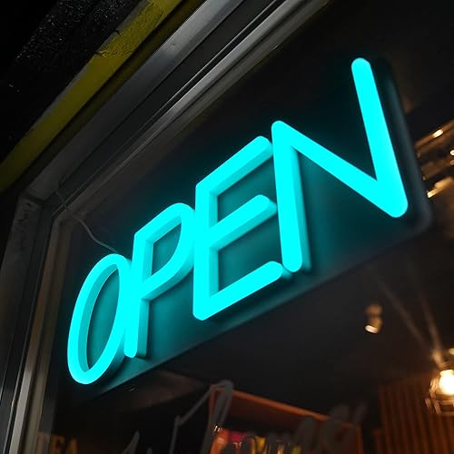 HiNeon Letrero abierto de neón azul hielo de 20 x 7 pulgadas con control remoto, letrero de luz cian eléctrica para tienda de negocios, con cadena