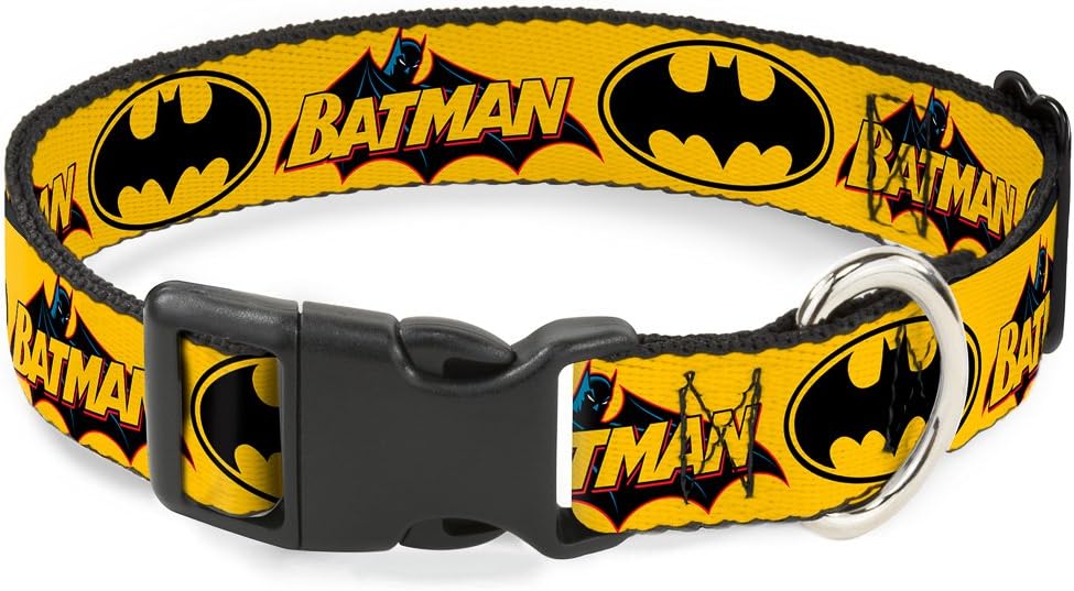 Dog Collar Plastic Clip Vintage Batman Logo Bat Signal 3 Yellow 13 to 18 Inches 1.5 Inch Wide