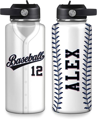 Vista 18 de Hyturtle Botella de agua de béisbol personalizada, botella de acero inoxidable aislada de viaje con tapa a prueba de fugas, 18 onzas, 32 onzas