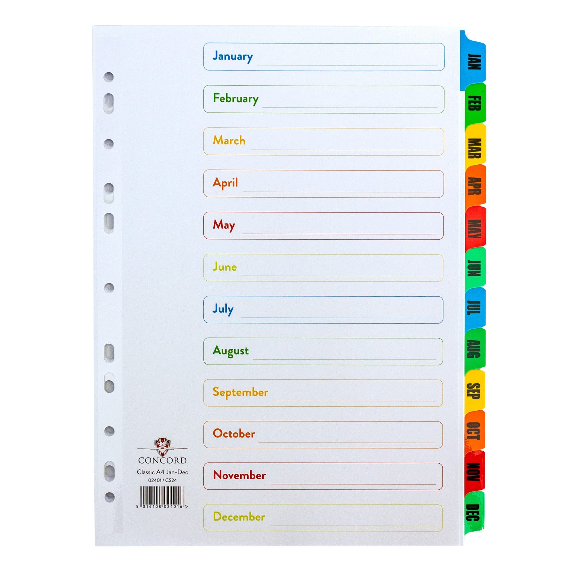 A4 Jan-Dec Monthly 12 Part File Dividers (10 Pack) January to December Mylar Reinforced Plastic Multi Coloured Index Tabs Multi Punched