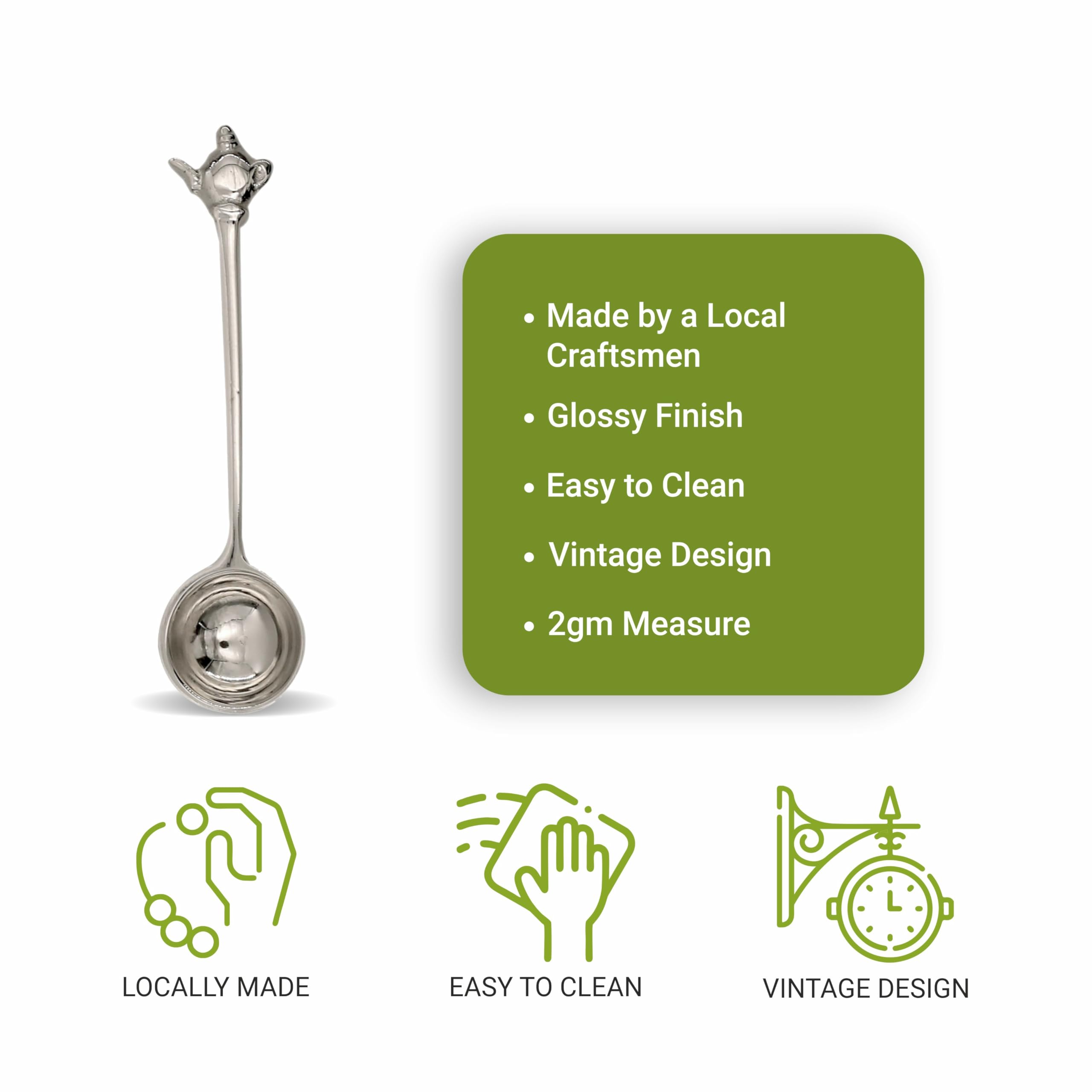 Sancha Tea Boutique, Perfect Tea Measuring Spoon, Made in Brass, Hand Crafted, Glossy Silver Finish, Green & Oolong Tea Measuring Spoon (2gm Measure) 2