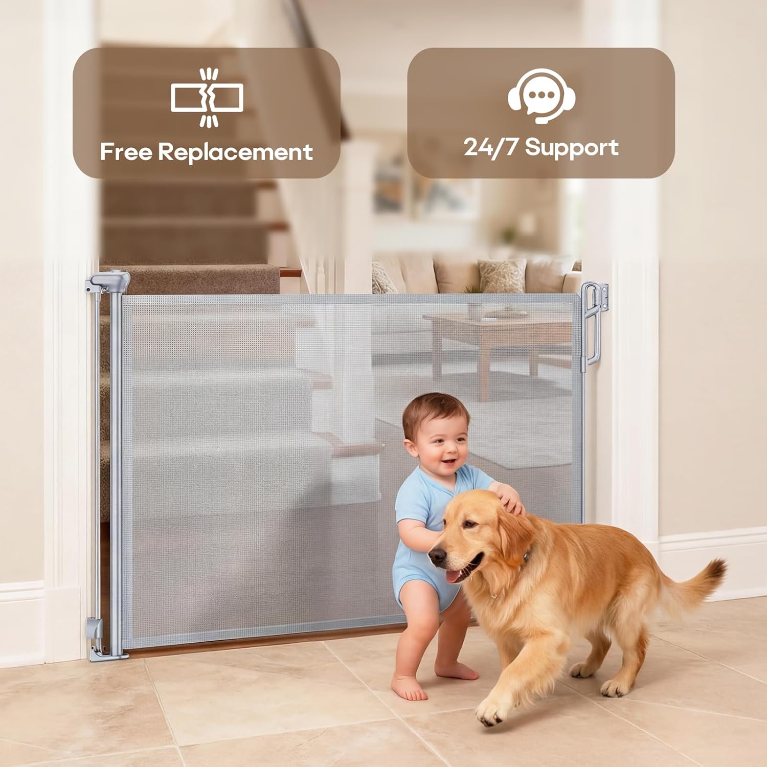 SPACEANY Retractable Safety Baby Gate or Mesh Dog Gate,Durable Portable Mesh Retractable Gate,Easy to Use for Stairs, Doorways, Hallways, Indoor, Outdoor, 33.5" Tall, Up to 45" Wide, Gray