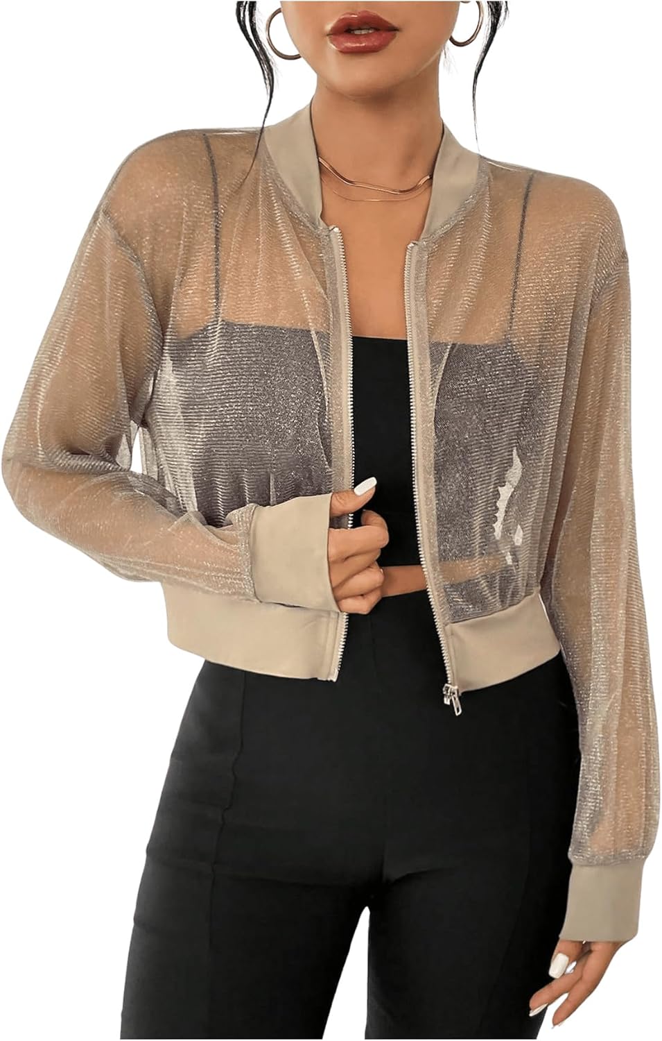 Milumia Women's Sparkly Sheer Mesh Long Sleeve Crop Jacket Light Weigh Zip Up Outwear - Image 5