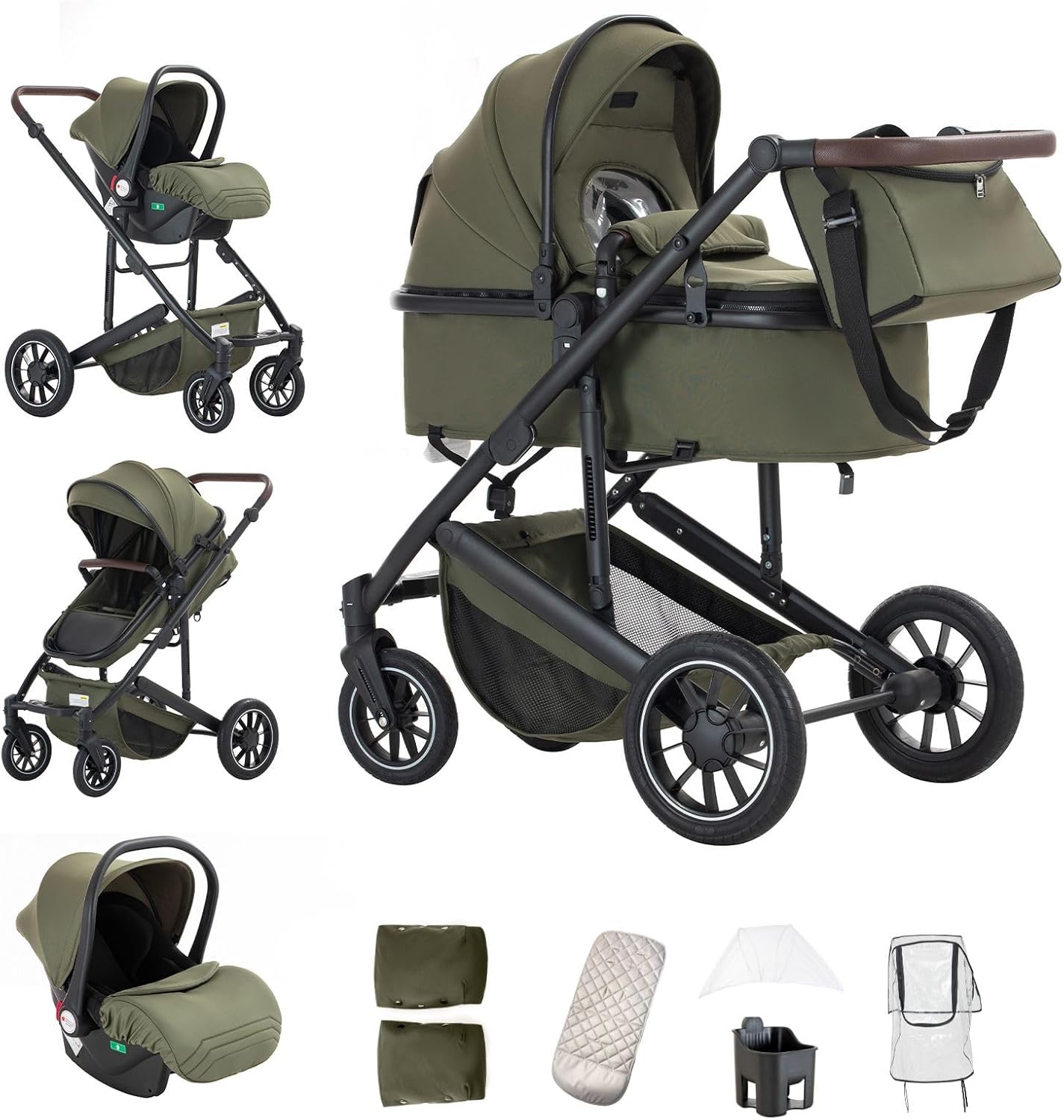 Kakbgee 3 in 1 Pushchair Travel System, Pram Travel System with ECE R129 Car Seat, Height Adjustable Handle Baby Pram, High View Aluminum Frame Baby Stroller for Newborn, Green (22KG, 0-4Years)