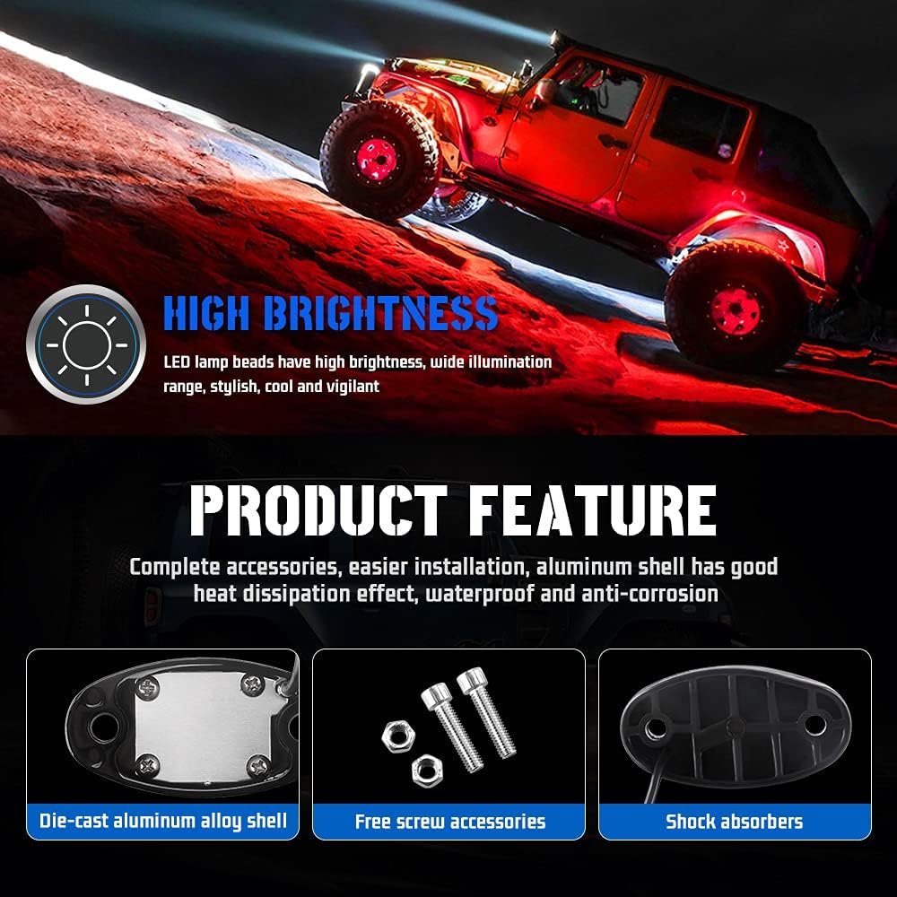 LED Rock Light, KaiDengZhe 6PCS High Power LED Neon Underglow Light Shockproof Waterproof Chassis lights for Car Truck ATV UTV SUV Je-ep Offroad Boat Underbody Glow Trail Rig Lamp-Red