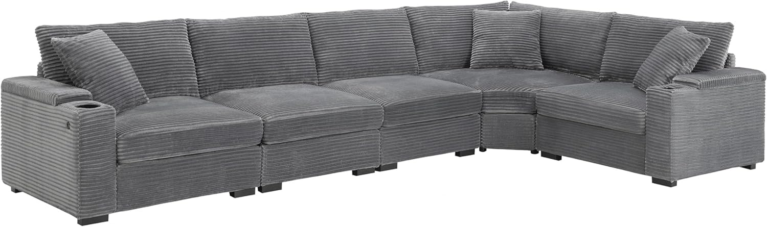 Oversized Convertible L Shaped Modular Sectional Sofa Couch for Living Room Plush Corduroy Upholstered Reversible Lounge Sofa Corner Couches with Armrest Storage, Cup Holders ,USB and Type-C Ports